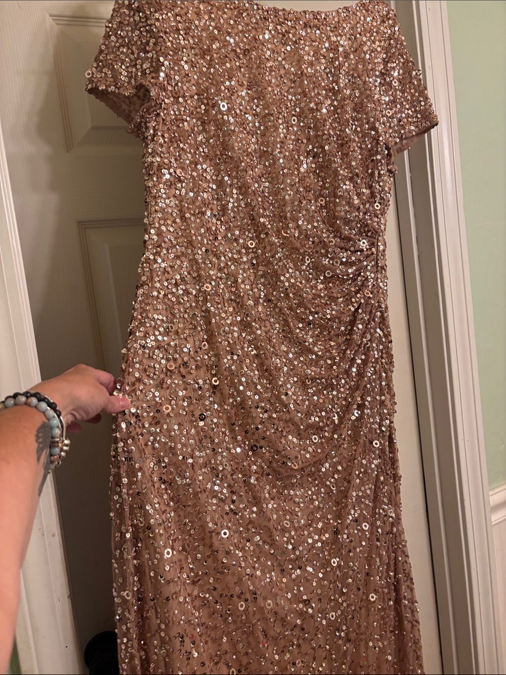 Adrianna Papell Rose Gold Sequin Evening Gown Fit and Flare - Picture 4 of 12